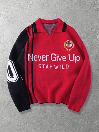 Pull ample décontracté à manches longues avec col rabattu, motif slogan et broderie pour hommes