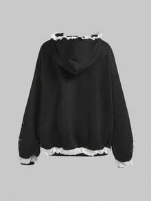 ROMWE Grunge Punk Áo nỉ in hình trái tim Gothic và búa sao băng, họa tiết nến, viền ren tương phản. - màu đen - Xem 2
