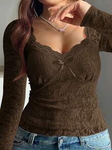Vionelle 大码女式法式浪漫蕾丝蝴蝶结性感上衣 - 棕色 - 查看 3
