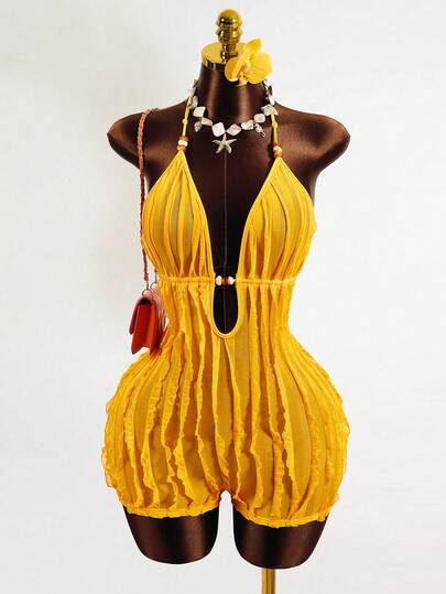 Mistrie The Lady's Sexy Bandeau, Deep V-Neck Textured Fabric, Bohemian Beaded Decoration, Back Strap With Exposed Area, Textured Beach Fabric, One-Piece Pants, Suitable For Sexy Vacations, Beach Vacations.