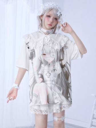 Anime Cartoon Yandere Girl Pink Loose Round Neck Short Sleeve T-Shirt