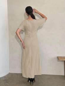 Andrea Bello 女士夏季纯色亚麻混纺休闲连衣裙，奶油黄色，连衣裙优雅优雅，领带活动连衣裙女士正式派对连衣裙女士派对连衣裙女士长裙女士正式连衣裙女士长裙女士正式连衣裙女士夏季连衣裙，毕业礼服 - 杏色 - 查看 2
