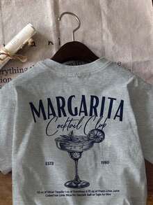 Attitoon Áo thun nữ dáng rộng, cổ tròn, tay ngắn, họa tiết ly cocktail tối giản, thích hợp cho mùa hè. - Màu Xám nhạt - Xem 6