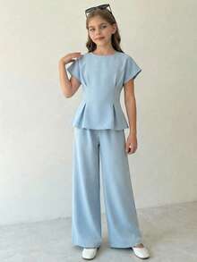 SHEIN Serisse Kids Bộ đồ 2 món cho bé gái tuổi teen: áo ngắn tay màu xanh nhạt trơn và quần ống rộng. - Màu xanh lam - Xem 6