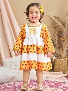 SHEIN Babygirl Elegant Floral Print Color Block Long Sleeve Loose Dress Rose Print Children's Dress, Elegant And Retro Moon And Star Embroidered Floral Pattern, Casual And Simple Traditional Arabic Long-Sleeved Girls' Dress, Suitable For Spring And Summer Wear, Elegant And Dignified Long-Sleeved Dress, Prayer Robe, Comfortable And Casual, Vacation Style, Dignified Dress, Children's Dress, Baby Girl Dress Baby Girl Jalabiya - Multicolor - View 6