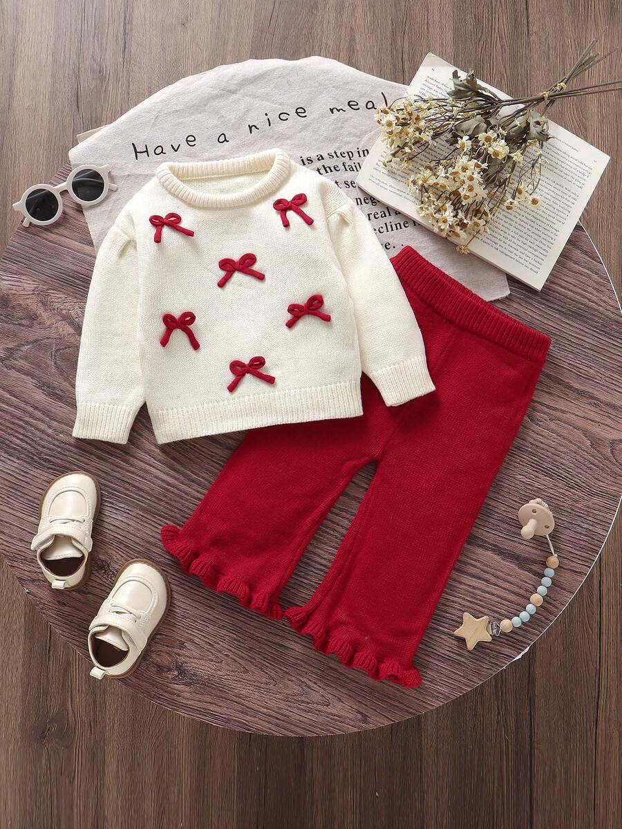 SHEIN Vintaside Kids 2pcs Baby Girls Sweater Set: White Round Neck Bow Decor Top + Coffee Flared Pants, Sweet & Fashionable Bow Baby Girl Outfit Baby Girl Sweaters Set Two Piece Winter Outfits For Toddler Girl Red And White Babygirl Outfit Baby Girl Winter Sets Baby Clothes Fall Sweater Knit Baby Girl Clothes Baby Girl Winter Sweaters Baby Knitted Sweater Knitted Baby Outfit Baby Set Autumn Winter Season Baby Girl Knitted Outfits Baby Girl Sweaters Set Two Piece Winter Outfits For Toddler Girl Knit Two Piece Toddler Baby Warm Sets Knit Two Piece Toddler Baby Two Piece Set