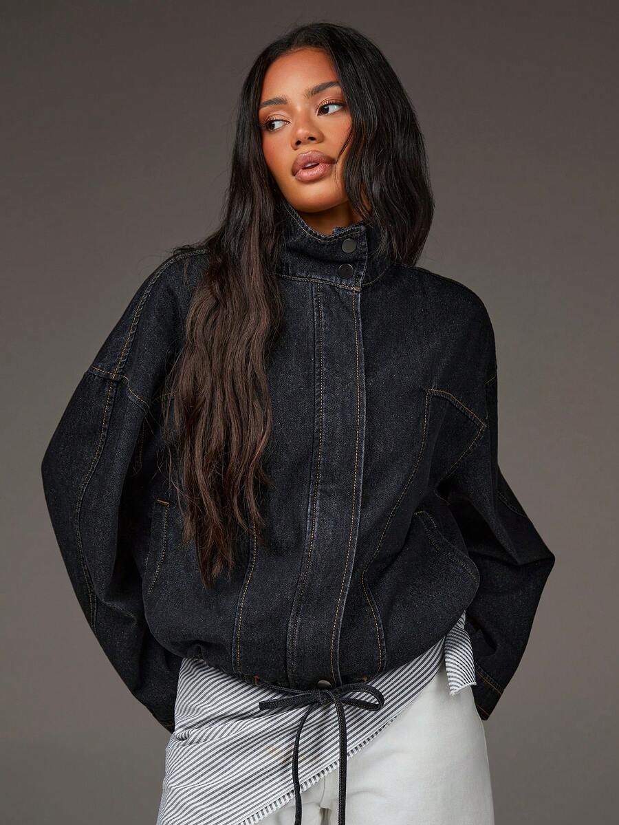 Athîral Denim Women's Casual Vacation Long Sleeved Lapel Denim Jacket, Black Denim Jacket, Stand Up Loose Denim Jacket, Drawstring Hem, Stiff Fabric, Wide And Stylish, Handsome , Airport , Outdoor , Holiday , Versatile Jacket - Black - View 1