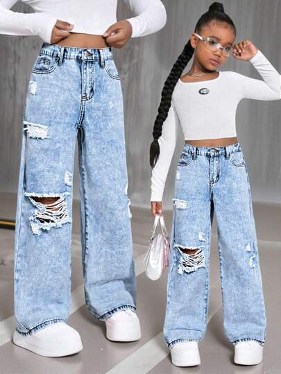 SHEIN Tween Girls Y2K Casual Light Washed Mid-Waist Baggy Ripped Denim Straight Leg Jeans,Boyfriend Jeans,Halloween Outfits,Fall Clothes,Christmas Pants,Fall Outfits,Girls Fall Winter Back To School Homecoming Jeans,Girls Pants Streetwear Vintage Outfits,Comfortable And Versatile, For 8-12 Years Old Girls, Suitable For School, Home And Travel