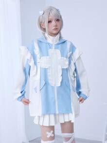 ROMWE Kawaii Subculture Cross Contrast Color Cat Frill Hooded Loose Women Long Sleeve Jacket - Multicolor - View 5