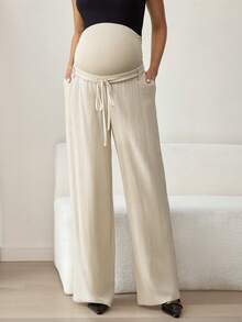 MaterniWear Pantalones anchos de pierna ancha con cintura ajustable y cordón, unicolor, para uso diario y casual de maternidad - Albaricoque - Ver 5