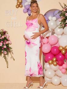 Loomaby Maternity Floral Print Draped Neck Fitted Elegant Camisole Dress Dress Gender Reveal Dress Maternity Dress Baby Shower Dress - Multicolor - View 7