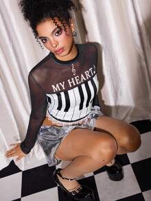 Y2Kool Maria Clara Maia Women's Black & Gray Y2K Artsy Music Festival Piano Print Lace Long Sleeve Mandarin Collar Fitted Sexy Crop Top, Valentine's Day - Black - View 5