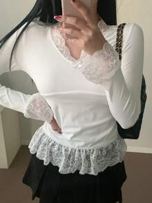 DAZY Women's Contrast Lace V-Neck Flare Sleeve Fashion T-Shirt Long Sleeve - White - View 3