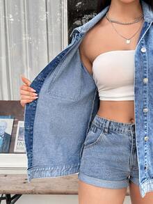 Rivivi Women's Turndown Collar Single-Breasted Pocket Casual Versatile Travel Long Sleeve Denim Jacket - Medium Wash - View 8