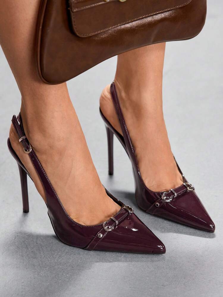 CUCCOO SZL Women's Wine Red Fashion Pumps Burgundy High Heels Thin Heel With Buckle Decor Spring Shoes