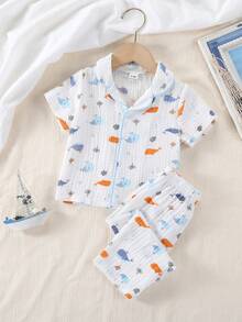 2pcs Dozemod Kids Baby Boy Cute Bear Pattern Lapel Cardigan Short Sleeve Pants Casual Loose Pajamas Set