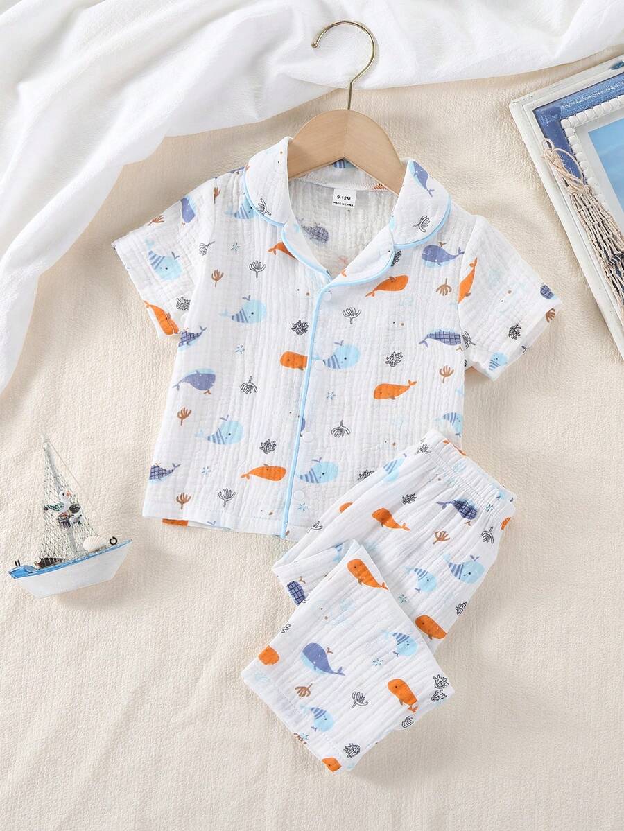 2pcs Dozemod Kids Baby Boy Cute Bear Pattern Lapel Cardigan Short Sleeve Pants Casual Loose Pajamas Set