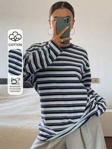 DAZY Women's Casual Striped Loose Long Sleeve Round Neck T-Shirt, Autumn Y2k - Royal Blue - View 5