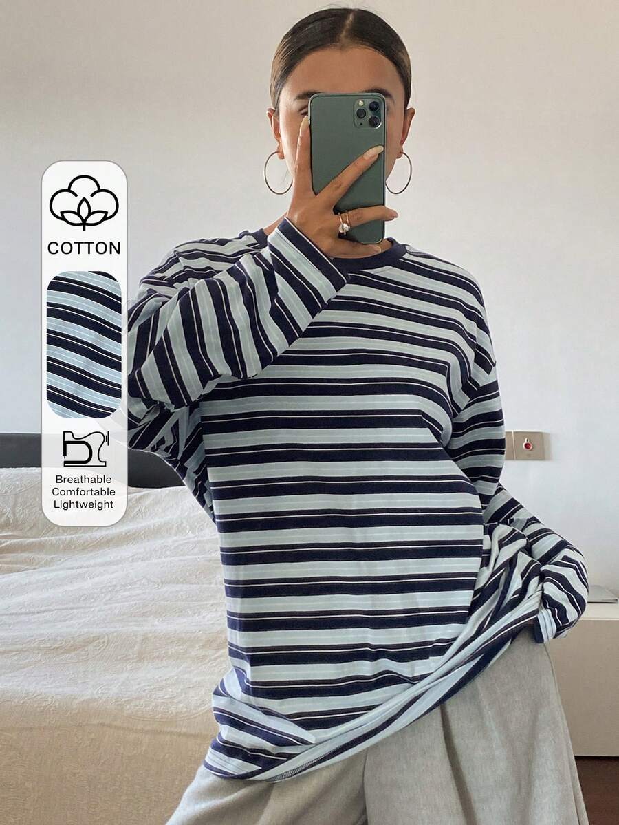 DAZY 女士休闲条纹宽松长袖圆领T恤，秋季Y2K风格 - 寶藍色 - 查看 1