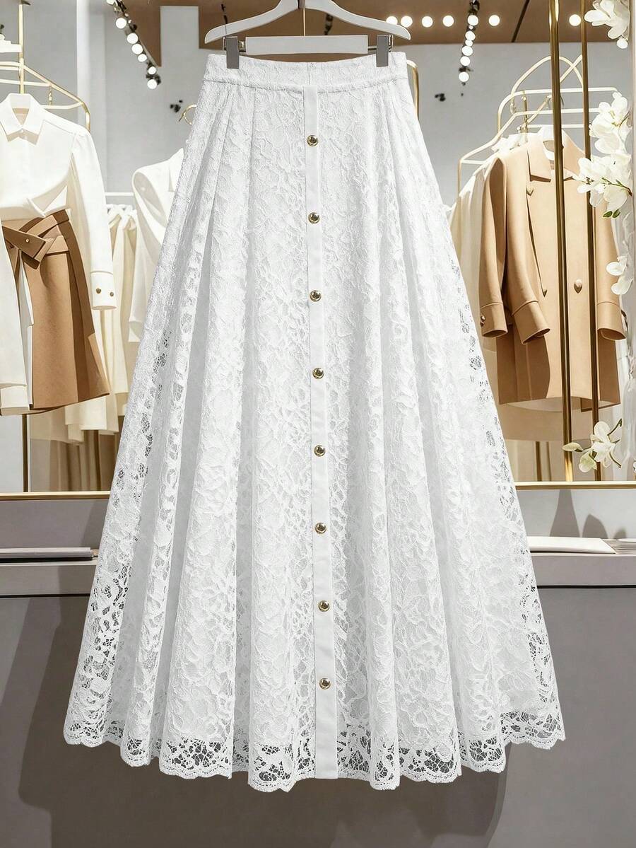 GlowEve CURVE Elegant A-Line Lace Skirt, Minimalist Fashion Commuter Style Long Lace Skirt - White - View 1