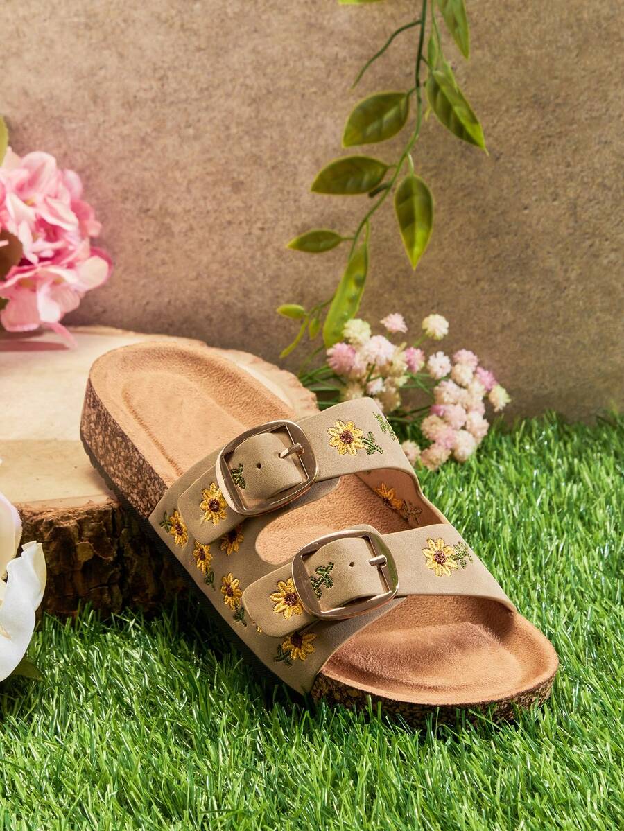 Mini mi #SunnyKids 女童雏菊刺绣双带鞋垫凸点灰褐色拖鞋 – 沙滩风、柔软舒适，充满夏日乐趣。 - 米色 - 查看 1