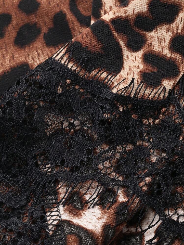 Lace Patchwork Leopard Print Sleeveless Camisole Short Fitted Nightgown For Women