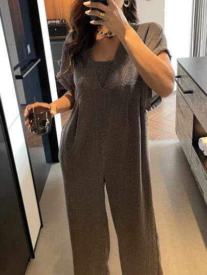 DAZY 女士纹理面料流苏边宽松长款连体裤，家居服