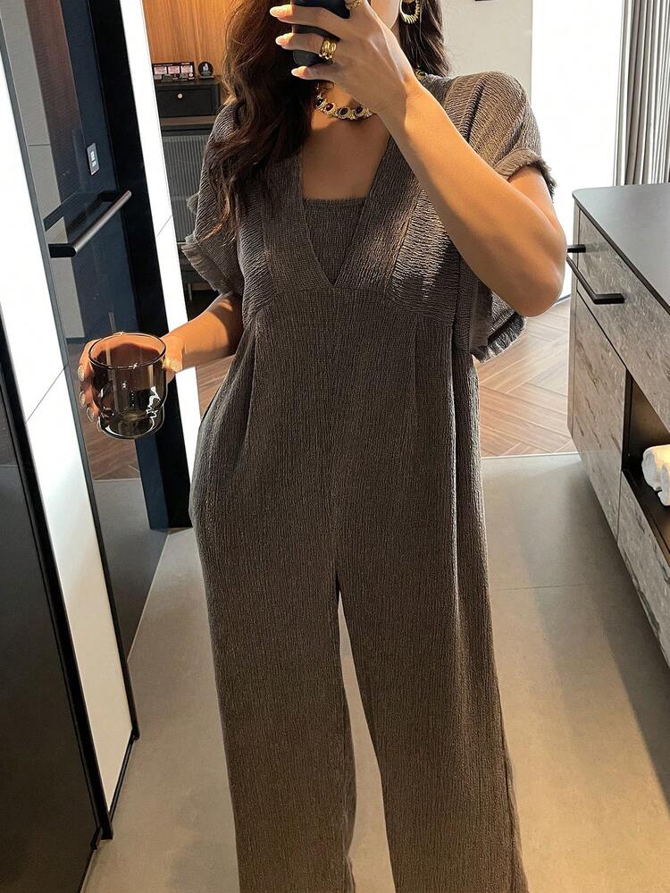Textured Fabric Fringe Trim Loose Long Jumpsuit For Women, Loungewear