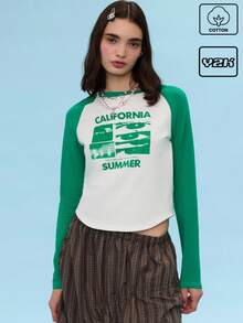 COUREZ 加州印花长袖插肩T恤/夏季上衣/外出休闲上衣/Y2K度假风纯棉复古 - 彩色 - 查看 1