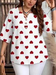 EMERY ROSE 大码红色爱心印花V领休闲衬衫，适合夏季穿着，夏季上衣，白色上衣 - 彩色 - 查看 5
