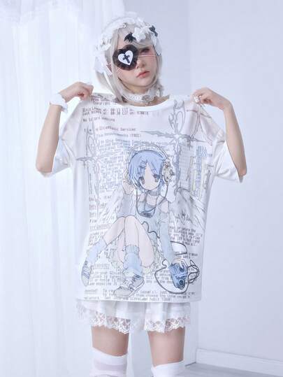 T-shirt femme style vaporwave avec imprimé mignon d'anime