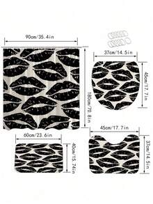 1件可爱卡通黑唇印花浴帘，带12个挂钩，防霉防水，现代风格浴室隔断帘，无需钻孔 - 彩色 - 查看 9