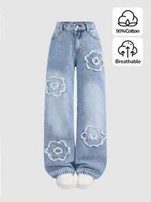 Leap Crew Tween Girls' Casual Everyday Commute Cute Floral Embroidered Elastic Waist Loose Wide Leg Jeans - Light Wash - View 9