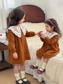 LMoss Kids فستان كاجوال للفتاة الصغيرة بطبعات زهور صغيرة وألوان سادة مخيطة مع طوق دمية