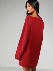 MISSGUIDED Slash Neck Long Sleeve Knit Mini Sweater Dress For Fall Winter Casual Day Wear - Burgundy - View 2