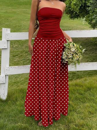 MainGRL Women's Casual Elegant Long Dress, Suitable For Summer, Suitable For Vacation, Summer Dress, Red Dress, Polka Dot Dress, Vacation Dress