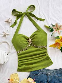 Soleia 女士度假风露背系带海星贝壳装饰荷叶边V领花卉金属扣白色针织纹理修身背心，性感修身时尚上衣，适合派对、约会、邮轮、度假、海滩、婚礼、音乐节、情人节、夜店、波西米亚风等场合。 - 軍綠色 - 查看 1