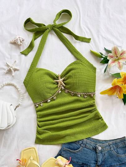 Soleia Women's Vacation Halter Tie Starfish Shell Decor Ruffle V-Neck Floral Metal Buckle White Knit Textured Fitted Tank Top, Sexy Slim Fit Fashion Blouse For Party, Date, Cruise, Holiday, Beach, Wedding, Music Festival, Valentine's Day, Nightclub, Bohemian, Boho,Carnival