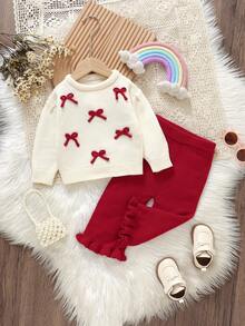 SHEIN Vintaside Kids 2pcs Baby Girls Sweater Set: White Round Neck Bow Decor Top + Coffee Flared Pants, Sweet & Fashionable Bow Baby Girl Outfit Baby Girl Sweaters Set Two Piece Winter Outfits For Toddler Girl Red And White Babygirl Outfit Baby Girl Winter Sets Baby Clothes Fall Sweater Knit Baby Girl Clothes Baby Girl Winter Sweaters Baby Knitted Sweater Knitted Baby Outfit Baby Set Autumn Winter Season Baby Girl Knitted Outfits Baby Girl Sweaters Set Two Piece Winter Outfits For Toddler Girl Knit Two Piece Toddler Baby Warm Sets Knit Two Piece Toddler Baby Two Piece Set