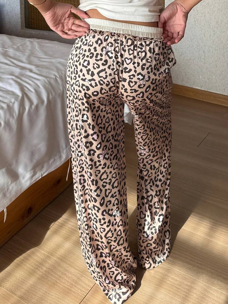 Leopard Print Patchwork Ruffle Waist Straight Loose Women Pajama Bottoms