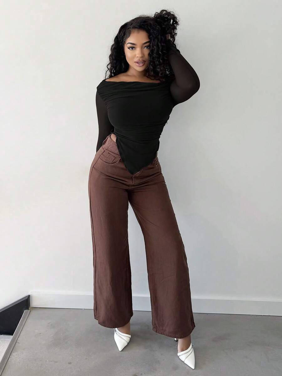 Alexandranx Women Solid Brown Oblique Shoulder Ruched Asymmetric Hem Mesh Knit Long Sleeve T-Shirt, Fall Women Tops, Asymmetrical Neck Top