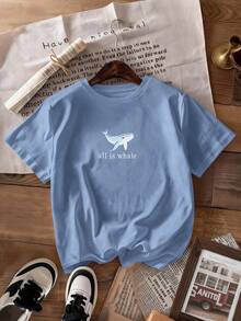 INAWLY 女士字母鲸鱼印花圆领短袖休闲百搭T恤