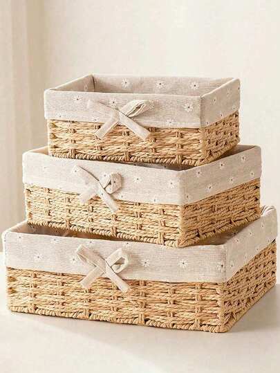 3CPS Woven Storage Basket Multi-Purpose Desktop Organizer For Snacks Cosmetics Toys, Fabric Storage Box With Handles For Home Decor Wardrobe Organization Holiday Gift Basket Set