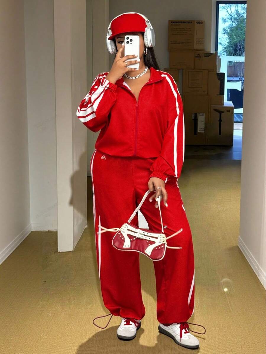 Slaydiva 秋冬新品 / 女士秋季服装 / 万圣节 / 秋季 / 冬季女士新款休闲运动长袖开衫短裤红白两件套 - Z