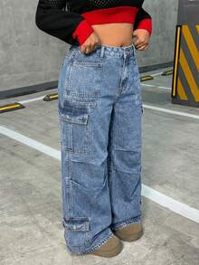Jeanoix Plus Size Women Street Style Loose Multi-Pocket Denim Jeans Baggy Jeans Y2k Oversized Jeans Loose Jeans Cargo Jeans Wide Leg Jeans - Blue - View 6