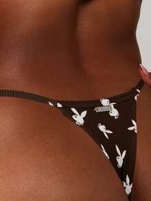 Missguided x Playboy 兔子印花丁字裤，弹性腰带，低腰设计，日常穿着的贴身内衣 - 棕色 - 查看 5