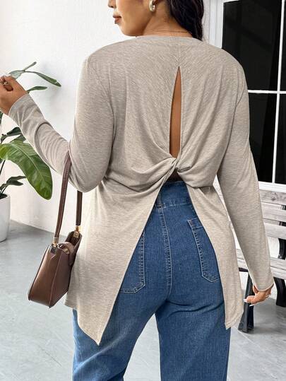 SHEIN Frenchy Plus Size Apricot Plain Long Sleeve Asymmetrical Twist Back Casual Round Neck Knitted T-Shirt