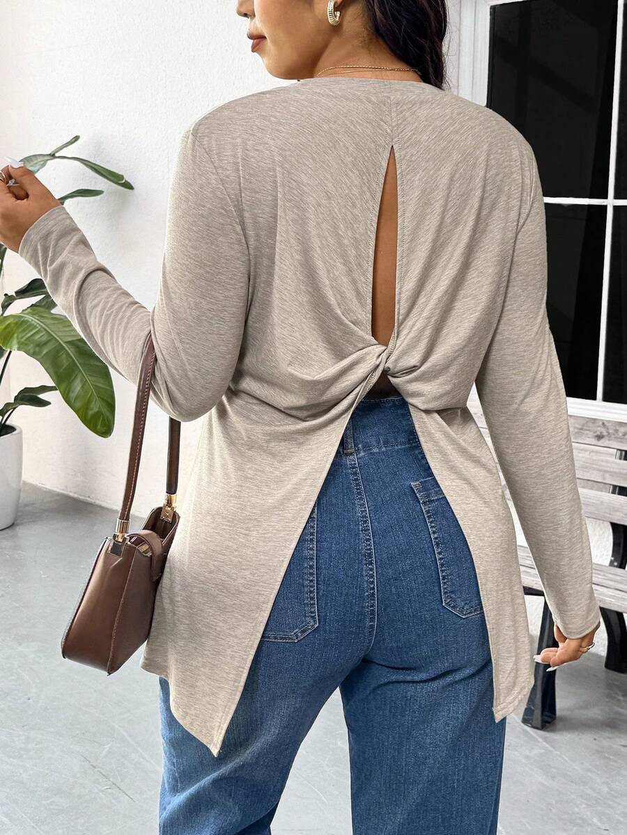 SHEIN Frenchy Maglietta lunga da donna con collo a giro, manica lunga, design con taglio sulla schiena, taglia comoda, versatile per uso quotidiano e pendolarismo, top a maniche lunghe primaverile da donna - Albicocca - Visualizzare 1