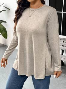 SHEIN Frenchy Maglietta lunga da donna con collo a giro, manica lunga, design con taglio sulla schiena, taglia comoda, versatile per uso quotidiano e pendolarismo, top a maniche lunghe primaverile da donna - Albicocca - Visualizzare 3