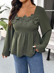 SHEIN Frenchy 大码女式方领立体花卉长袖收腰衬衫，绿色，适合各种场合。 - 綠色 - 查看 5